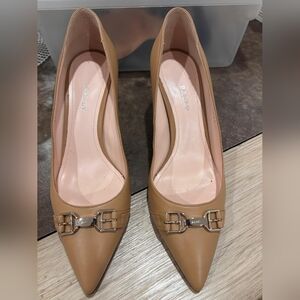 Bally Tan Heels with Silver Buckle Accents